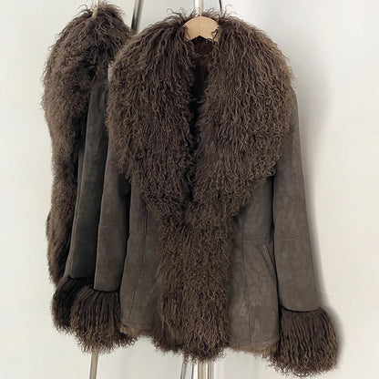 OFTBUY New Winter Warm Curly Mongolia Sheep Fur Jacket Women Vintage Shearling Coat Slim Faux Suede Real Rabbit Fur Clothing
