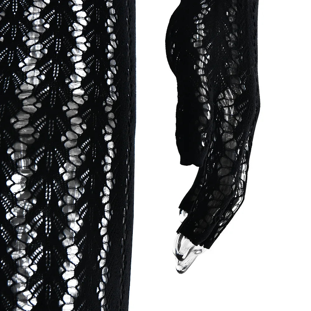 FAGADOER Women Sexy Mesh Lace Jumpsuits Fashion Long Sleeves Round Neck Vertical Striped Sheer Bodycon Rompers Summer Playsuits
