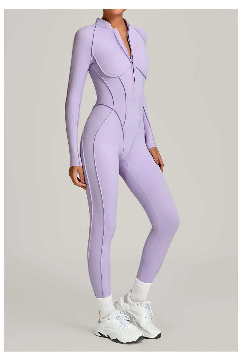 Women's Winter Yoga Jumpsuits Sports Fitness Hip-Lifting Slimming One-piece Zipper Long-Sleeved Outdoor Gym Workout Bodysuits