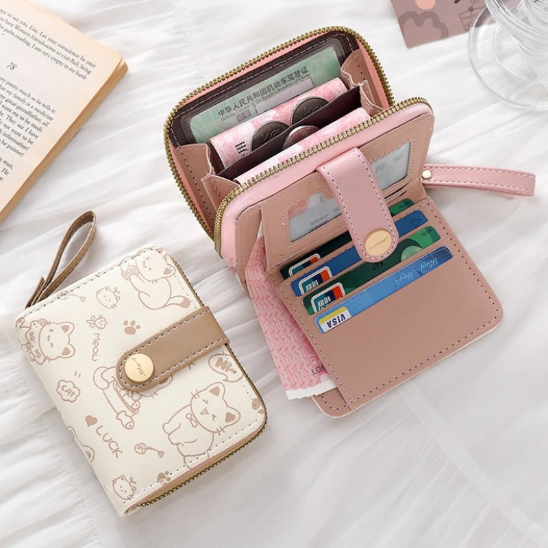 Cute Cat Coin Purse Women Fashion Short Wallet PU Leather Large Capacity Wallet Lightweight ID Card Holder Travel Cash Coin Bag
