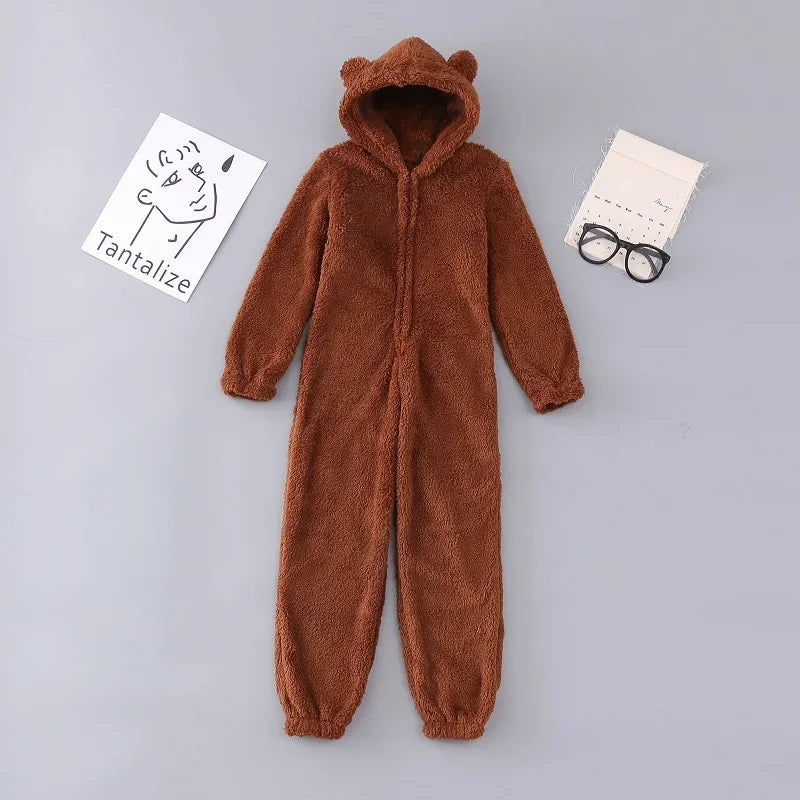 Sexy Cute Plush Autumn Winter Long Sleeve Hooded Romper Back Butt Bum Open Ass Flap Plush Jumpsuit Women Thick Sleepwear