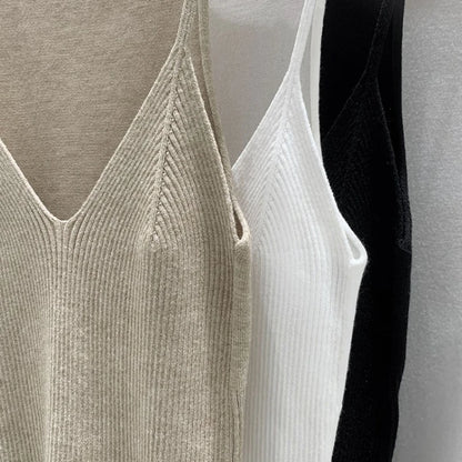 2026 Women Summer Style Sleeveless Vest Solid Color Slim Fit V Neck Knitted Top Fashionable Versatile Base Layer Knit Tank Tops