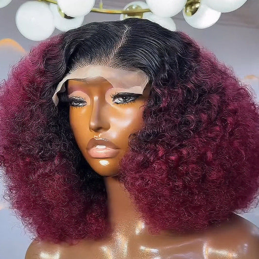 450 High Density 1B/99J Colored Afro Kinky Curly 13x4 HD Lace Front Wigs Preplucked Burgundy Red Bob Frontal Wig 100% Human Hair