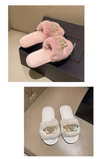 Love Chain Fluffy Women's Slippers Home Fashion Luxury Designer Shoes Woman Autumn Winter Faux Fuzzy Fur Slides Indoor Elegant