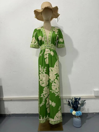 Jumpsuits Women Print Loose Casual One Piece V Neck Short Sleeve Overalls Wide Leg Long Pants Elegant Splice Rompers 2024