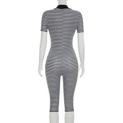 Striped Print Jumpsuits Women Short Sleeve Y2K Clothes Casual Summer Buttons V Neck Bodycon Rompers Overalls Beach Vacation Gift
