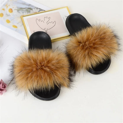 Women's Summer Faux Fur Fox Fur Slippers Fashion Luxury Indoor and Outdoor Non-Slip Solid Color Flat Bottom Furry Sandals