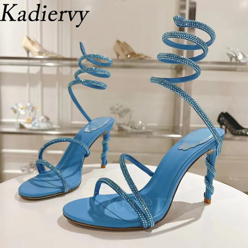 Luxury High Heels Sandals Woman Rhinestone Snake Twine Around Ankle Strap Wedding Shoes Stiletto Summer Gladiator Sandals Women