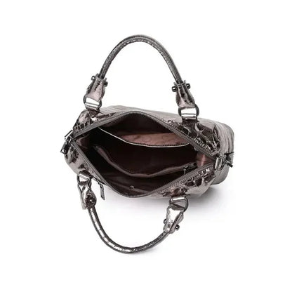 Real Leather Shiny Tote Handbags For Women Fashion Genuine Cowhide Leather Metallic Lady Bags With Shiny Embossed Coating