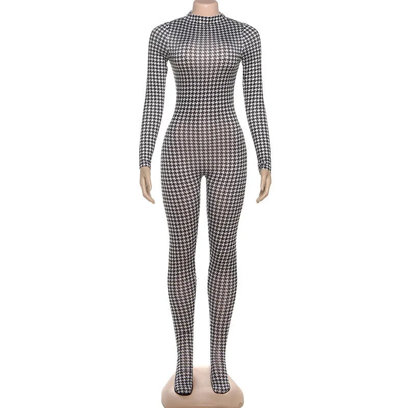 Shestyle Plaid Bodycon Jumpsuits Women with Stocking Sporting Turtleneck Casual Winter Fashion New Zipper Fitness Clothing New