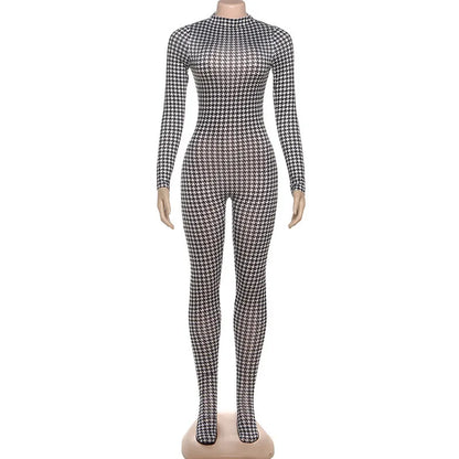 Shestyle Plaid Bodycon Jumpsuits Women with Stocking Sporting Turtleneck Casual Winter Fashion New Zipper Fitness Clothing New