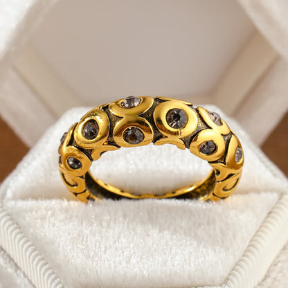 Retro Distressed Relief Geometric Pattern Inlaid with Artificial Gemstones Made of Copper. Women's Ring for Street Parties.