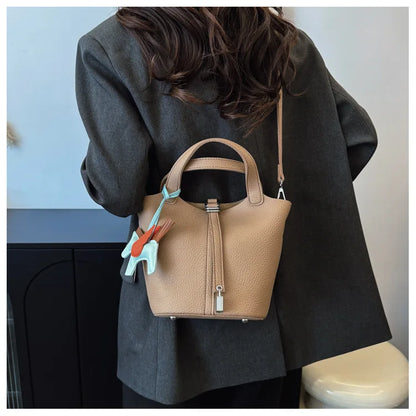 Fashion Vegetable Basket Bucket Bag Women's Autumn New Lychee Pattern Shoulder Bag Simple Solid Color Niche Messenger Bag