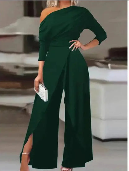 Casual Off Shoulder Jumpsuits Women Spring Autumn Irregular Ruched Wide Leg One Pieces Sets Office Ladies Elegant Party Romper