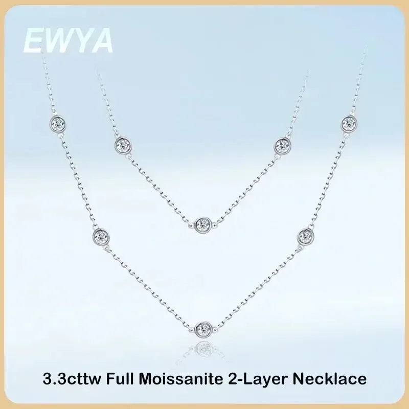 EWYA Luxury D Color Full 3/3.5mm Round Bubble Moissanite Diamond Tennis Necklace for Women Party S925 Silver 2-Layer Neck Chain