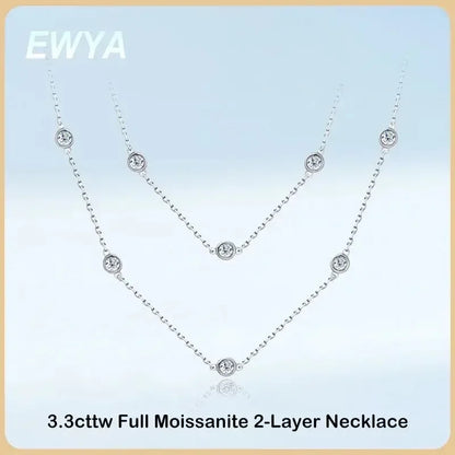 EWYA Luxury D Color Full 3/3.5mm Round Bubble Moissanite Diamond Tennis Necklace for Women Party S925 Silver 2-Layer Neck Chain