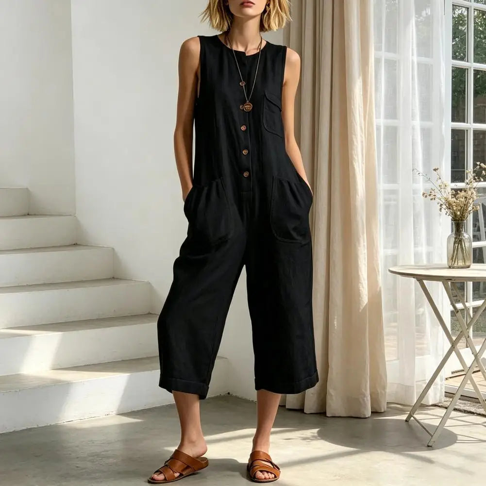 Women Summer Tank Jumpsuit Sleeveless Button Down Cropped Rompers Loose Wide-Leg Overall Pockets Hot Sale