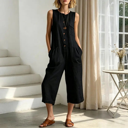 Women Summer Tank Jumpsuit Sleeveless Button Down Cropped Rompers Loose Wide-Leg Overall Pockets Hot Sale