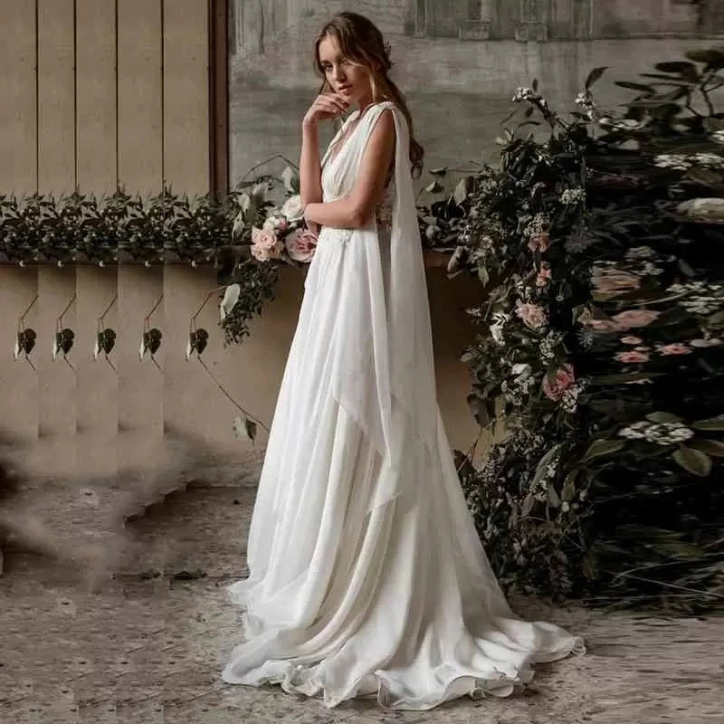 Beach Wedding Dresses Cap Sleeve A-Line Chiffon Appliques Lace Princess Bride Dress Arabic Wedding Gown Vestido De Noiva