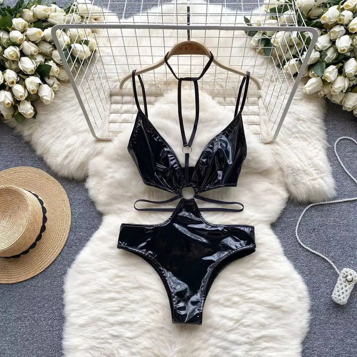 Cute Sweet Trend Cartoon Printed Jumpsuit Half High Collar Sleeveless Slim Fit Lingerie Bodycon Bodysuit Rompers Pajama Catsuits