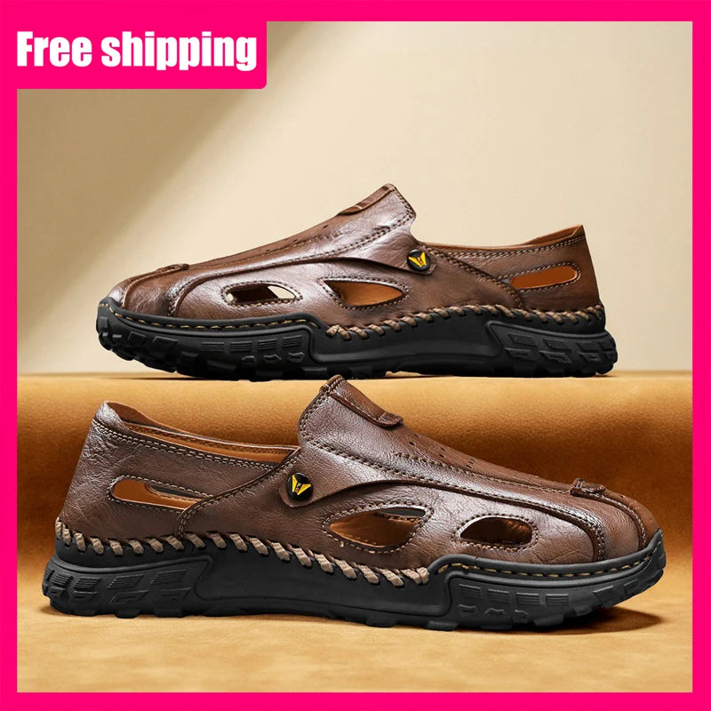 Men Sandals New Hollow Leather Casual Comfortable Trendy Beach Shoes Outdoor Walking Non Slip Bag Toe Walking Shoes for Men