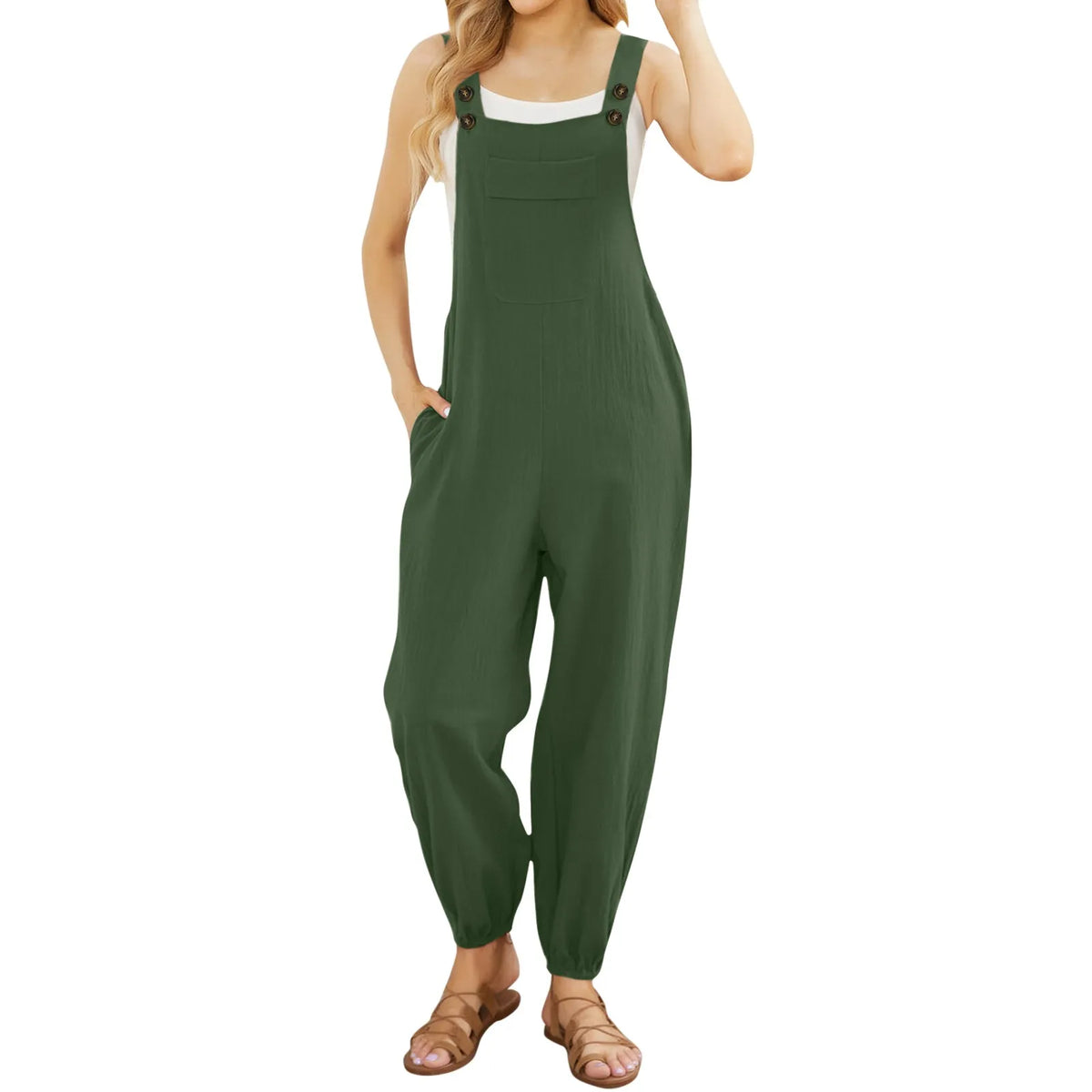 Women'S Sleeveless Overalls Jumpsuit Casual Solid Color Summer Wide Leg Bib Pants Bottons Jumpsuits Rompers With Pockets