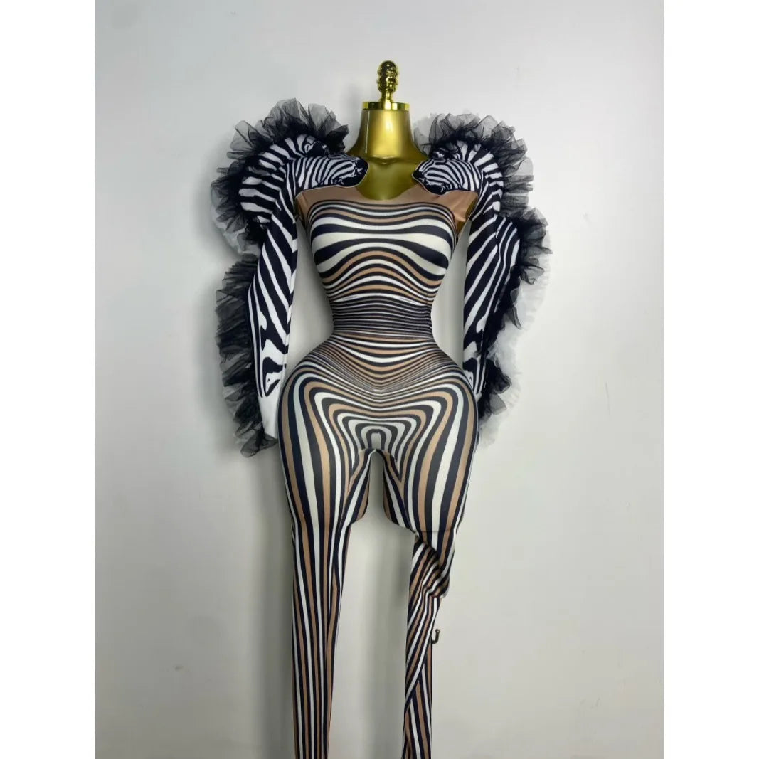 Women Long Sleeve Zebra Stripes Bodycon Jumpsuit Two Piece Set Birthday Party Nightclub Stage Performance Halloween Rompers