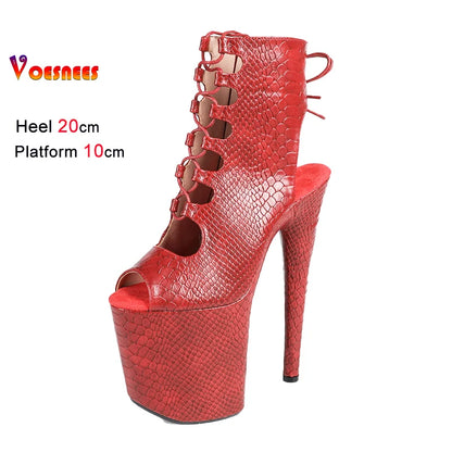 Strappy Women Boots 20CM Thin High Heels Lace-up Hollow Out Sexy T Show Red Shoes 2026 New Women Platform Peep Toe Short Booties
