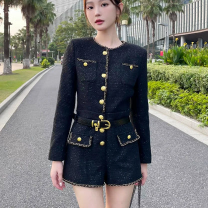 French Style Women Short Sleeve One Piece Tweed Playsuit O Neck Single Breasted Elegant Ladies Slim Fit Jumpsuit Casual Rompers