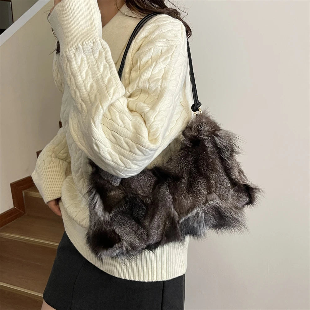 Winter Warm Fox Fur Shoulder Hobo Bags For Women Latest Luxury Designer Purses And Handbags Elegant Evening Bag For Dinner Party