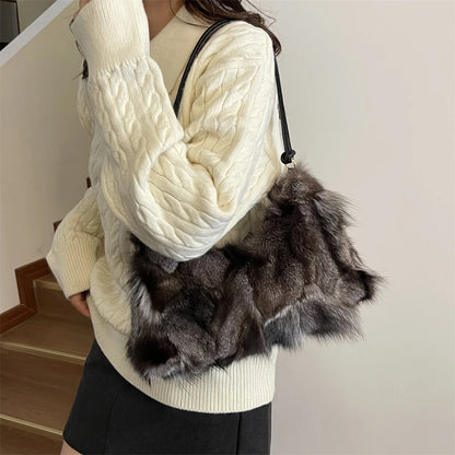 Winter Warm Fox Fur Shoulder Hobo Bags For Women Latest Luxury Designer Purses And Handbags Elegant Evening Bag For Dinner Party