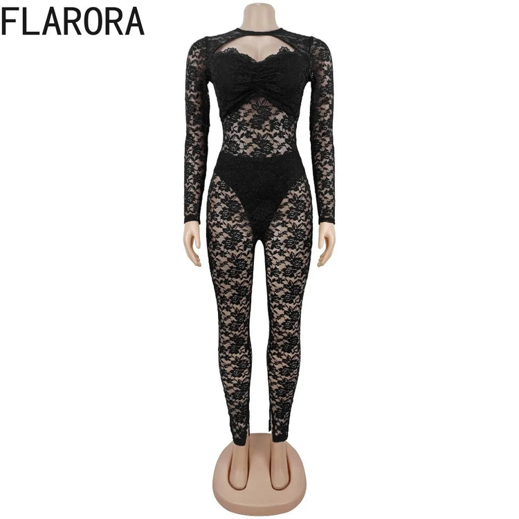 FLARORA Sexy Lace Hollow See Through Jumpsuits Woman O Neck Full Sleeve Peach Hip Slim Jumpsuit Midnight Party Clubwear Overalls