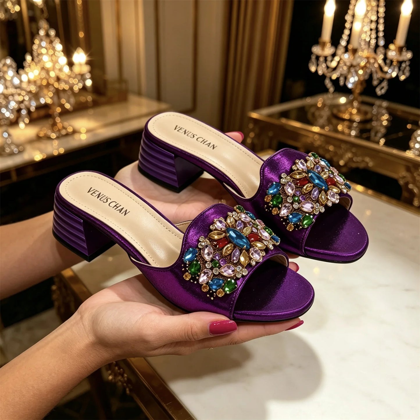 Women Luxury Multicolor Rhinestone Blue Heel Mules Black Satin Open Toe Slip On Sandals Elegant Wedding Evening Party Designer