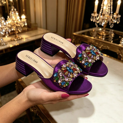 Women Luxury Multicolor Rhinestone Blue Heel Mules Black Satin Open Toe Slip On Sandals Elegant Wedding Evening Party Designer