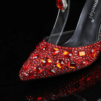 2024 Autumn Slim Heels Shallow Mouth Luxury Blue Water Diamond Pearl Women Single Shoes 9CM Wedding Party Shoes Sandalias Mujer