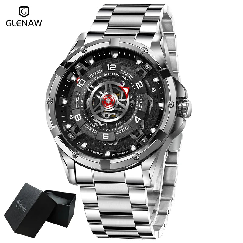 GLENAW Men Mechanical Watches Casual Outdoor Wristwatch Men Top Luxury Automatic Hollowed Watch Male Stainless Steel Waterproof