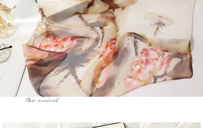 Ink Painting Lotus Summer Beach Sun Protection Chiffon Georgette Scarf Women Foulard Shawl Bandana Elegant Thin Breathable