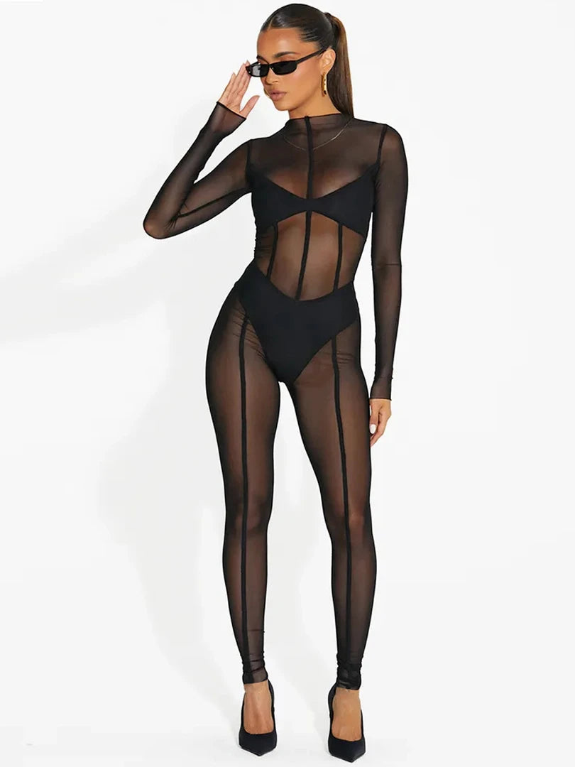 Hugcitar Mesh Long Sleeve Black Zip Up See Through Sheer Sexy Bodycon Jumpsuit 2025 Summer Women Romper Beach Festival Club Y2K