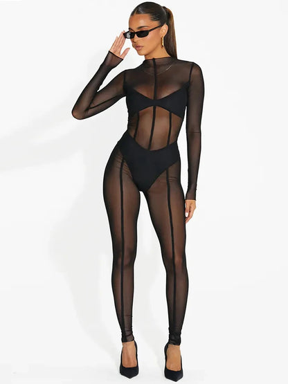 Hugcitar Mesh Long Sleeve Black Zip Up See Through Sheer Sexy Bodycon Jumpsuit 2025 Summer Women Romper Beach Festival Club Y2K