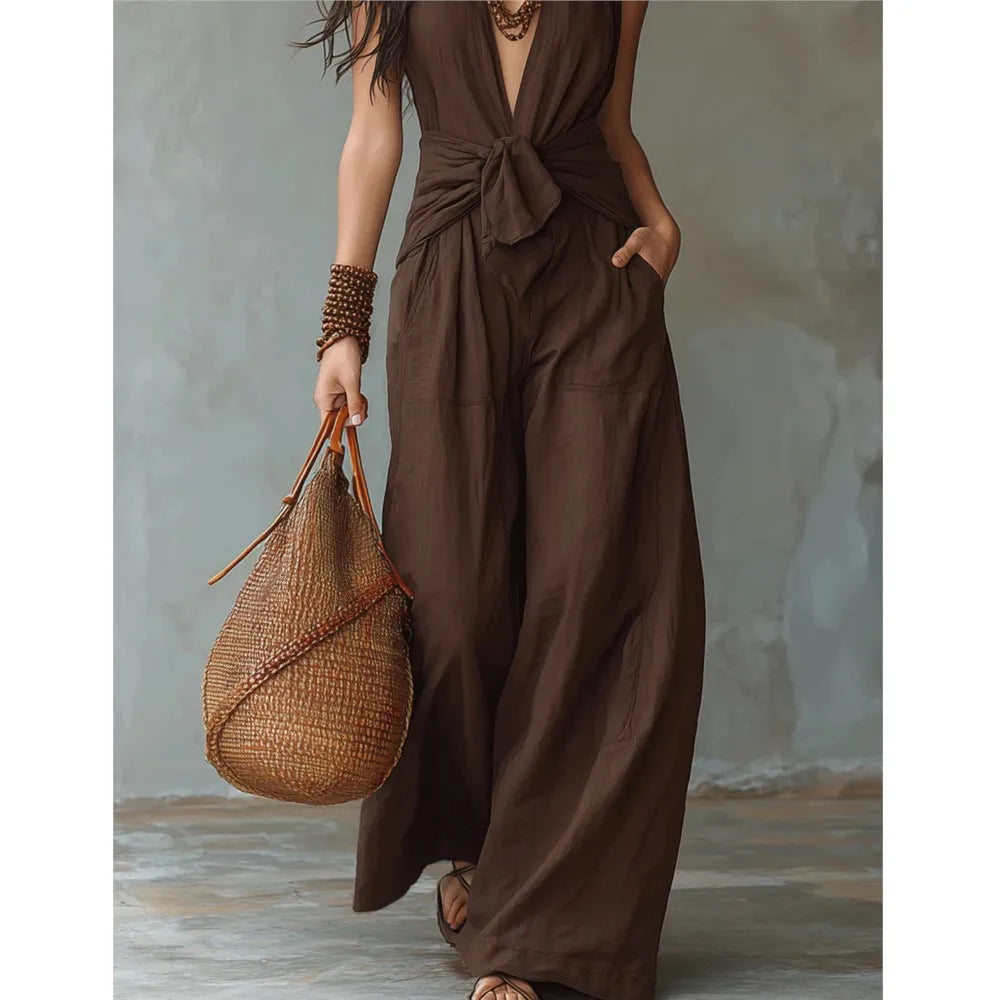 Bohemian Women's Brown Halter Neck Jumpsuit Deep V-Neck Tie Front Knot Wide Leg Pants Sleeveless Casual Summer Beach Jumpsuits