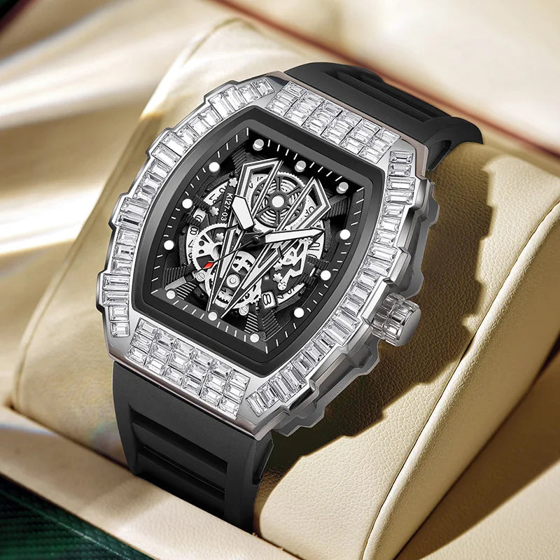 Classic Tonneau Full Diamond Case Quartz Watch Mens Fashion Top Casual Dial Rubber Personalize Watches  AAA Male Clock Relogio