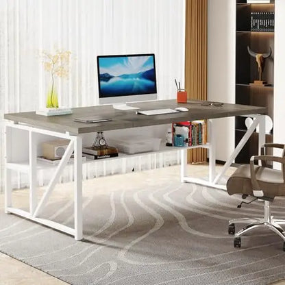 63 inches Computer Desk with Bottom Storage Shelf Home Office Desk Writing Table for Workstation,Dark Walnut + Steel