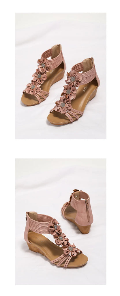High quality leather flat sandals for women 5cm mid heel flower summer 2026 36 42 open toe casual beach shoe blue pink brown