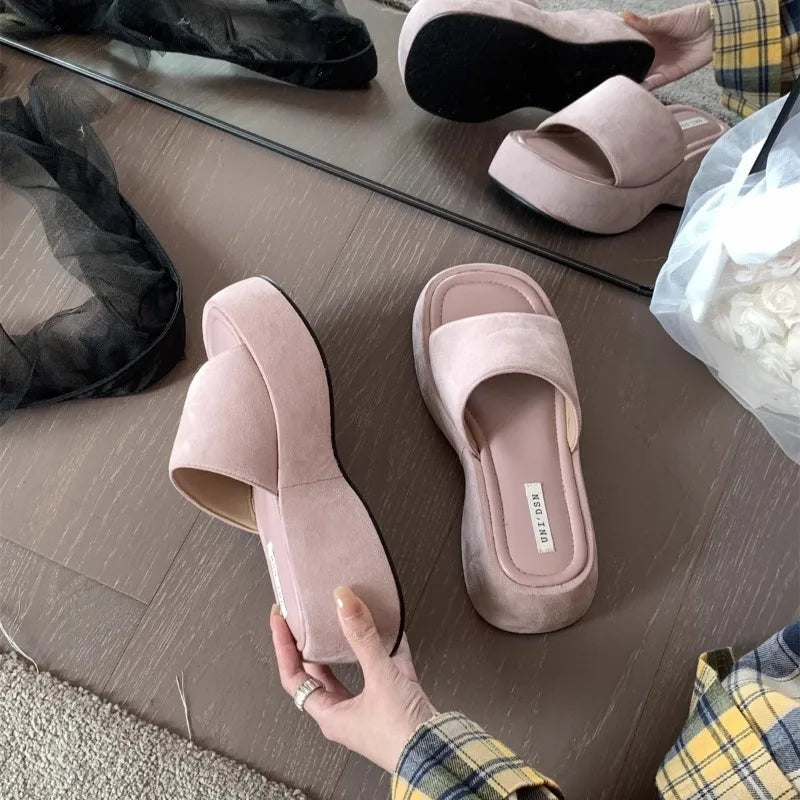 Women Platform Slippers Fashion Wedge Heeled Sandals Luxury Suede Casual Slides Summer New Beach Shoes for Women Sandalias Mujer