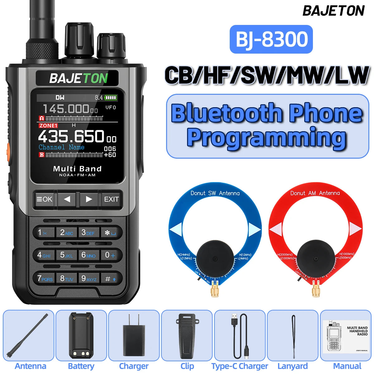 BAJETON BJ-8300 10W Ham Radio Shortwave HF SSB CB Walkie Talkie AM USB LSB CW Bluetooth Programming Handheld Two Way Radio
