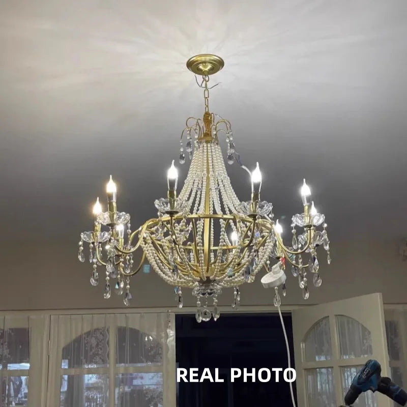 French Candle E14 Led Chandelier Villa Stairs Pearl Crystal Led Pendant Lights Hotel Art Decor Suspend Light Led Luminarias