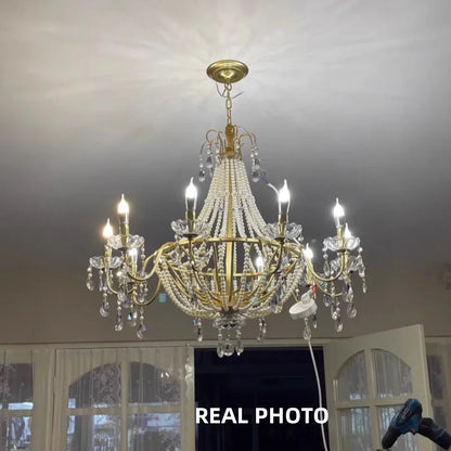 French Candle E14 Led Chandelier Villa Stairs Pearl Crystal Led Pendant Lights Hotel Art Decor Suspend Light Led Luminarias