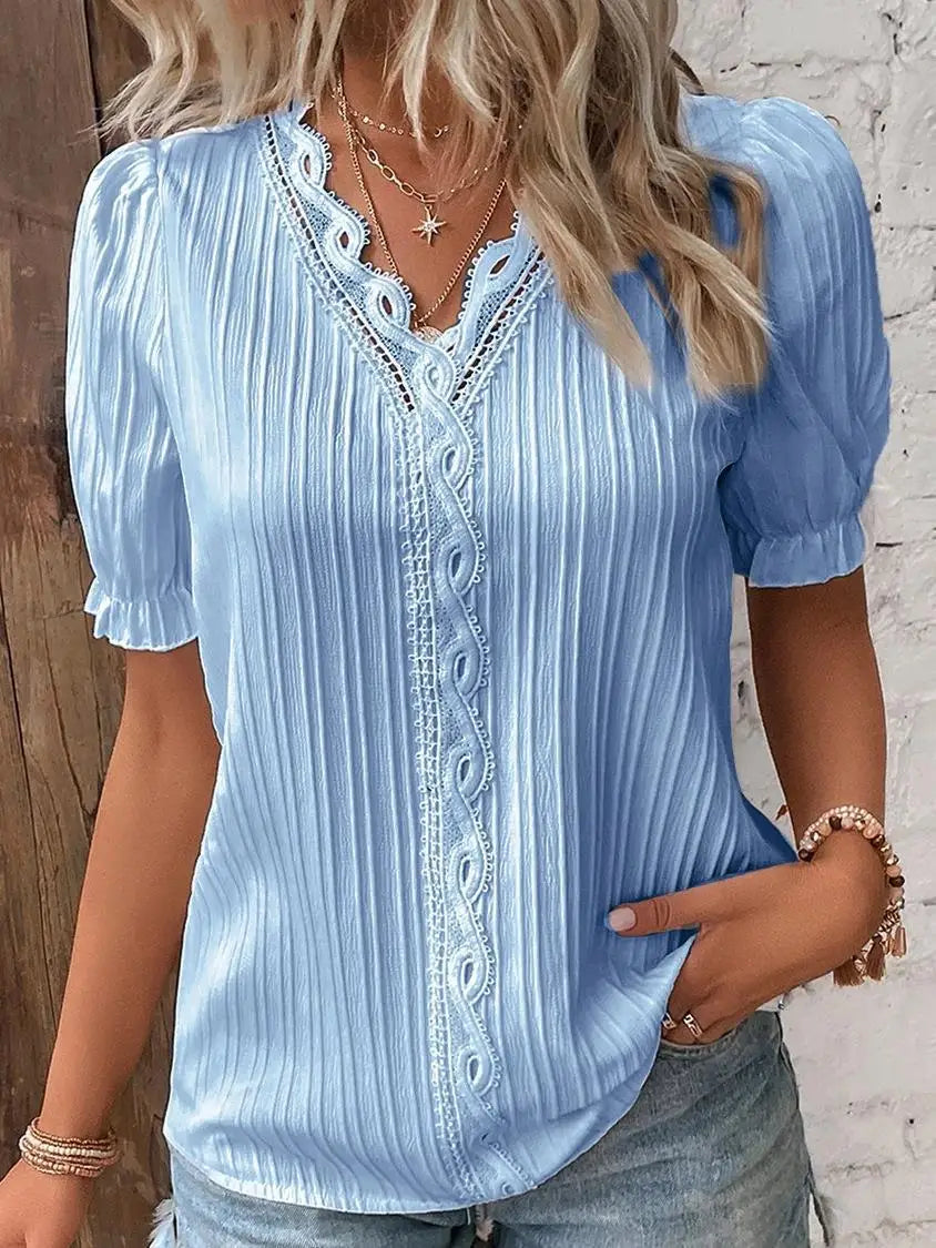 Elegant Women Blouse Shirt V Neck Lace Patchwork Short Sleeve Shirts For Women Summer Lady Tops