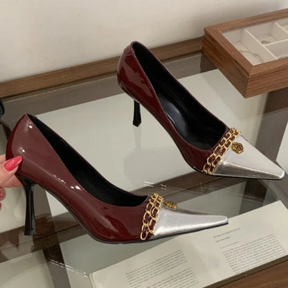 Luxury Metal Decoration Design Pumps Women Sexy Splicing Pointed Toe Stiletto Sandals Elegant Banquet Dress Shoes Zapatos Mujer