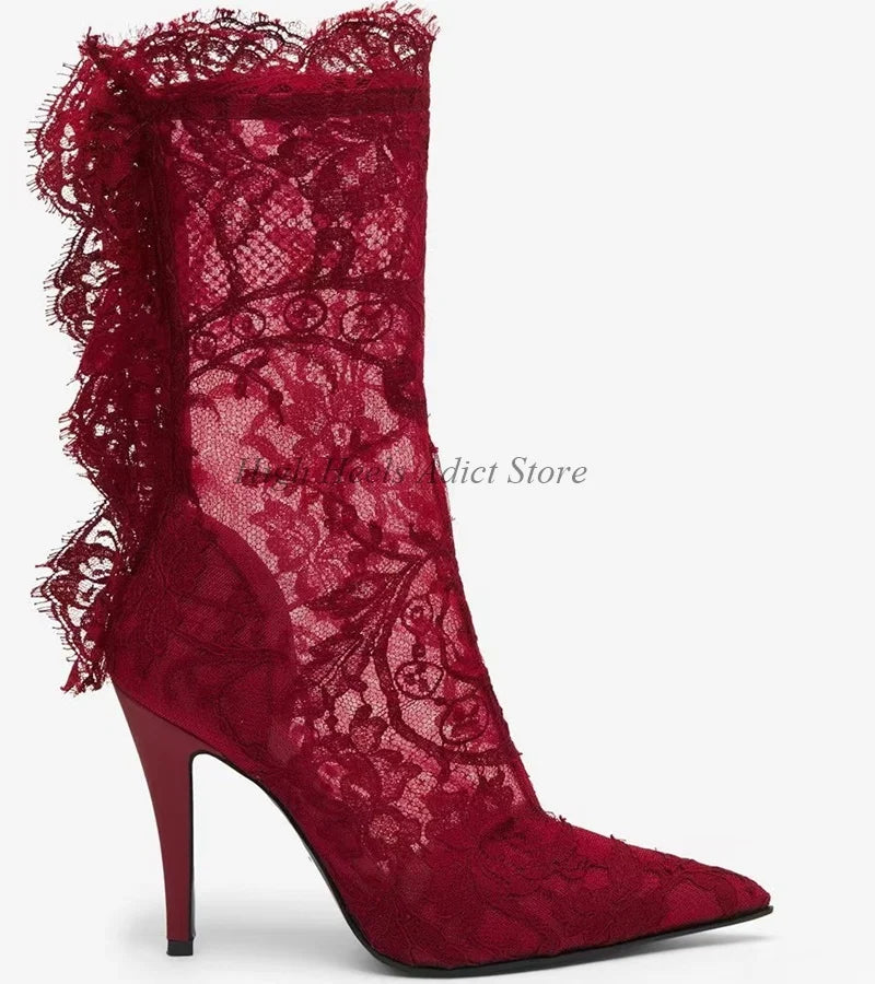 Sexy Black/Red Lace Embroidered Ankle Boots 2025 New in Women's High Heels Pointed Toe Wedding Boots Luxury Designer Party Shoes